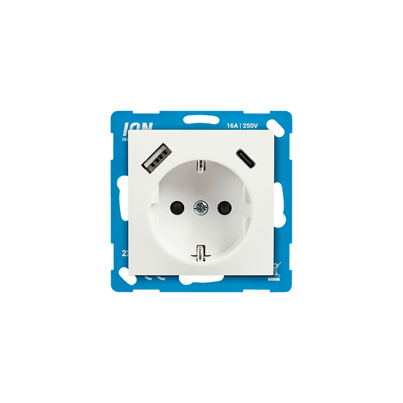 ION INDUSTRIES | WALL SOCKET | RA USB A + USB C WITH TOUCH PROTECTION | E1 | MATTE ALPINE WHITE