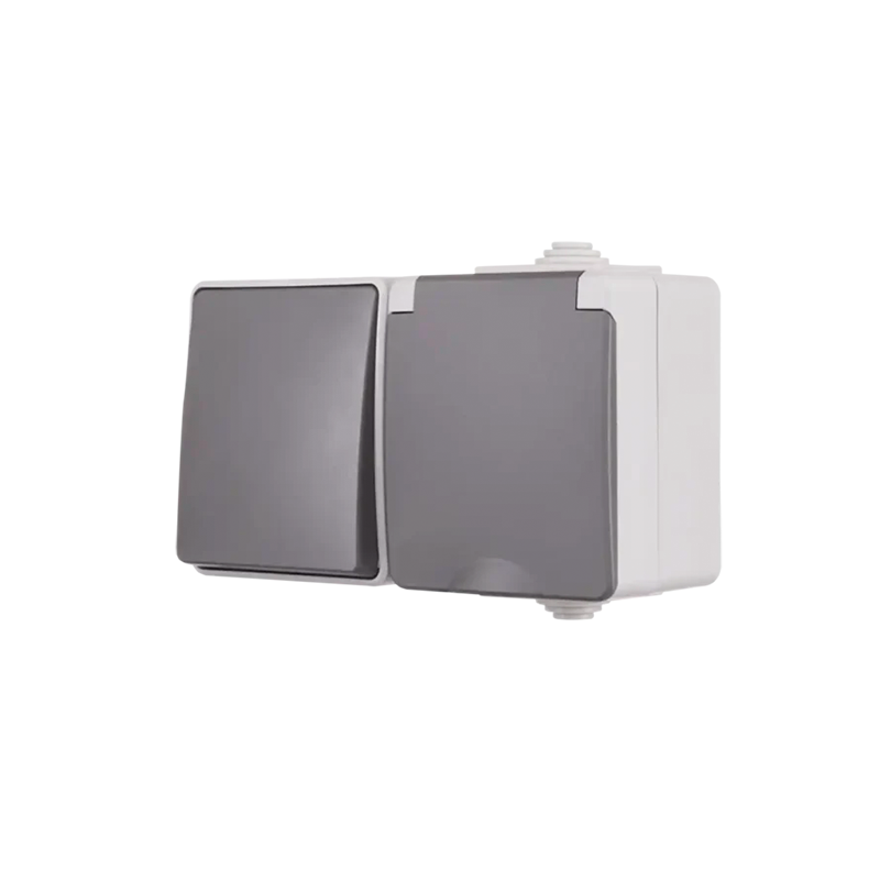 ION INDUSTRIES | OPBOUW WANDCONTACTDOOS + WISSELSCHAKELAAR | HORIZONTAAL | IP55 | GRIJS