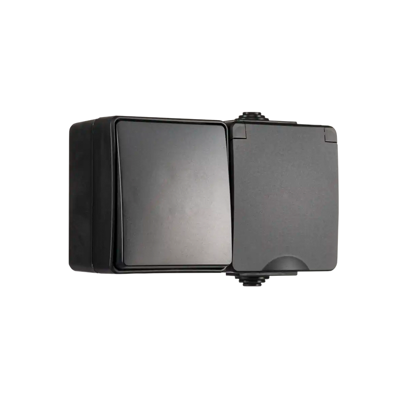 ION INDUSTRIES | OPBOUW WANDCONTACTDOOS + WISSELSCHAKELAAR | HORIZONTAAL | IP55 | ZWART