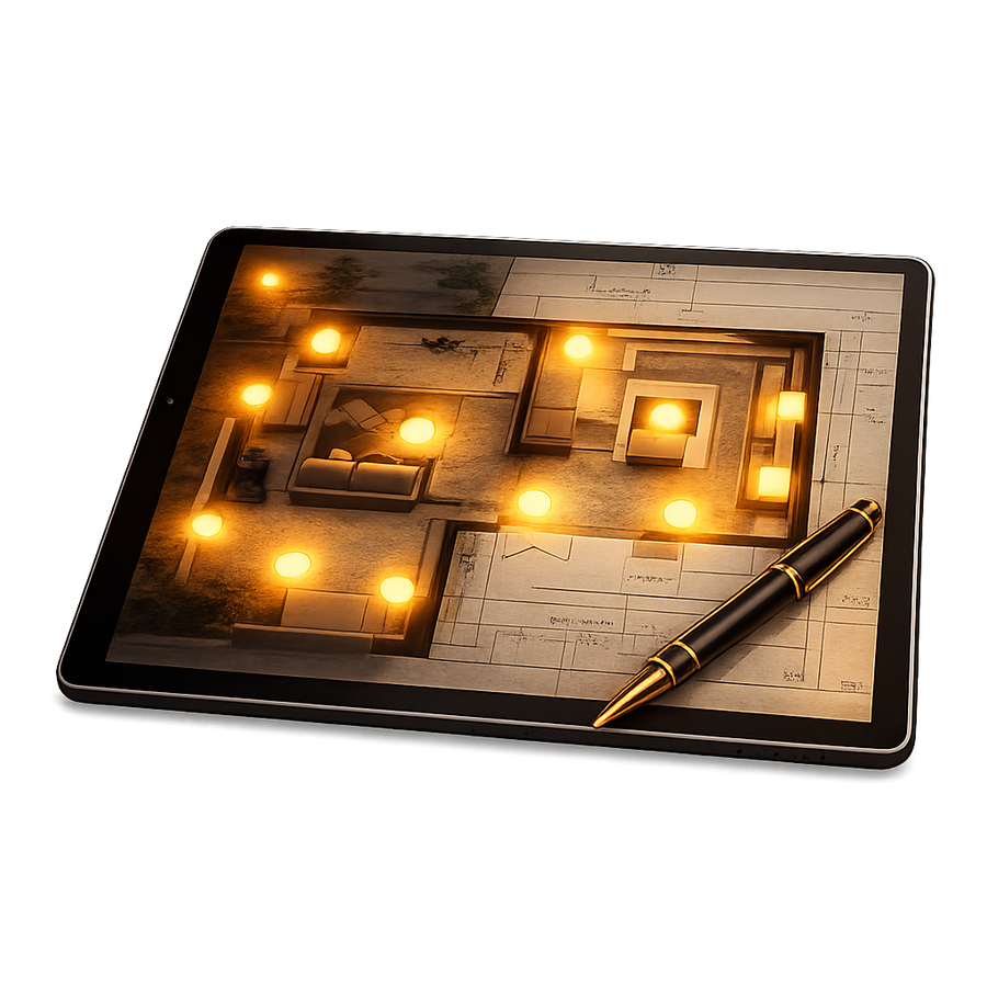 Voorbeeld van een lichtplan op een tablet