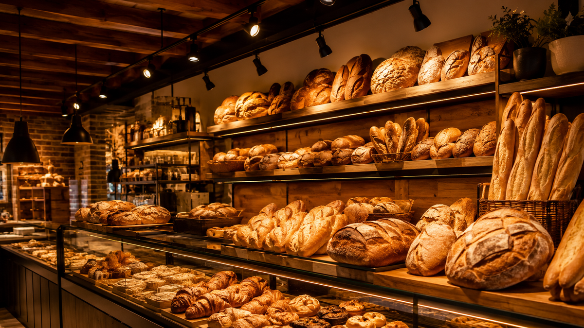 Bakkerij met warm verlichte broodschappen