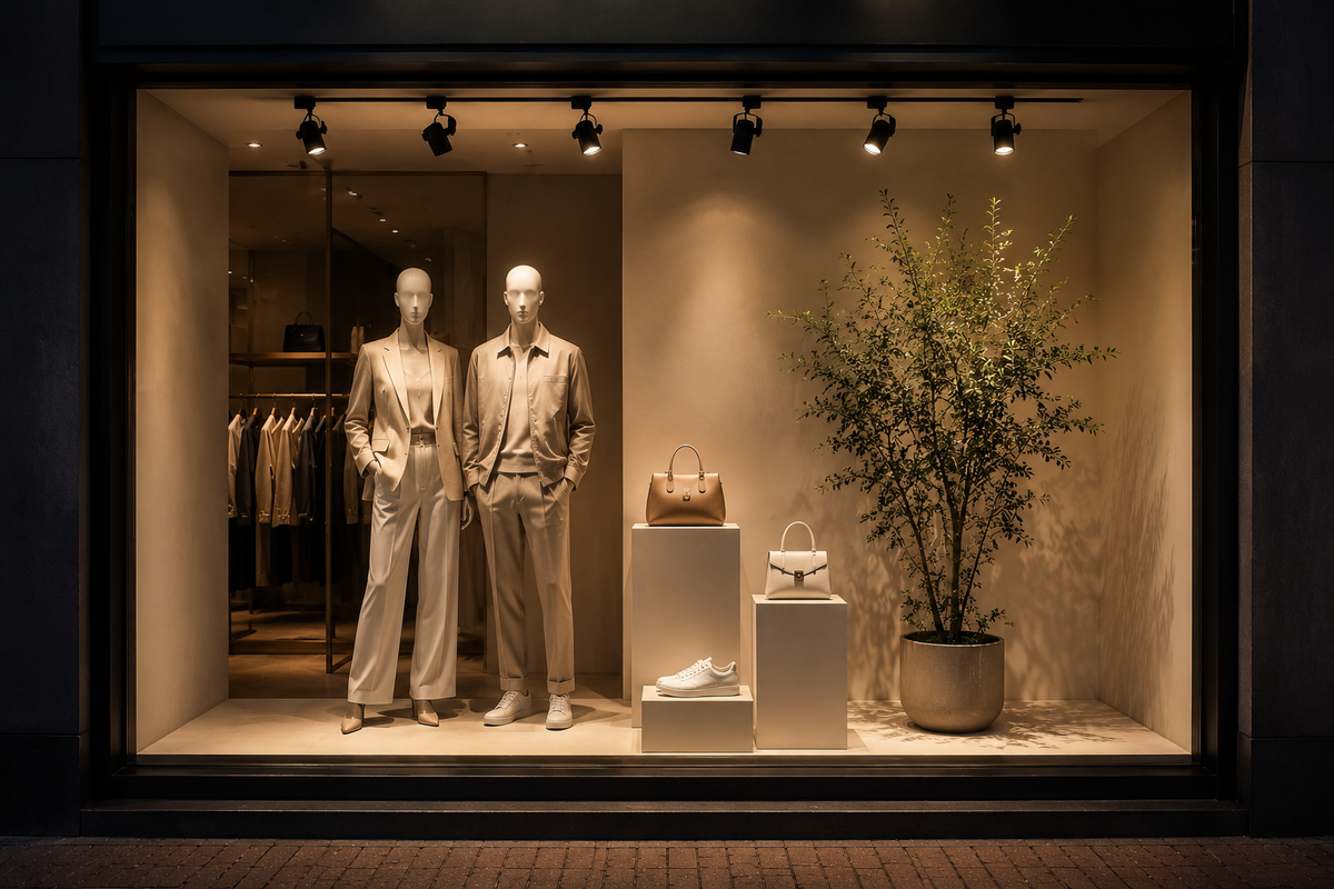 Etalage met mannequins, uitgelicht met zwarte led railspots